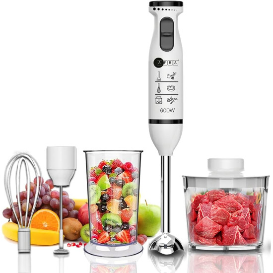 AFRA Hand Blender 5 in 1, Multiple Speed Settings, Stainless Steel, Japanese Technology, 600W, Chopper, Mixing Cup, Whisk, AF-14600BLCR, 2 years warranty