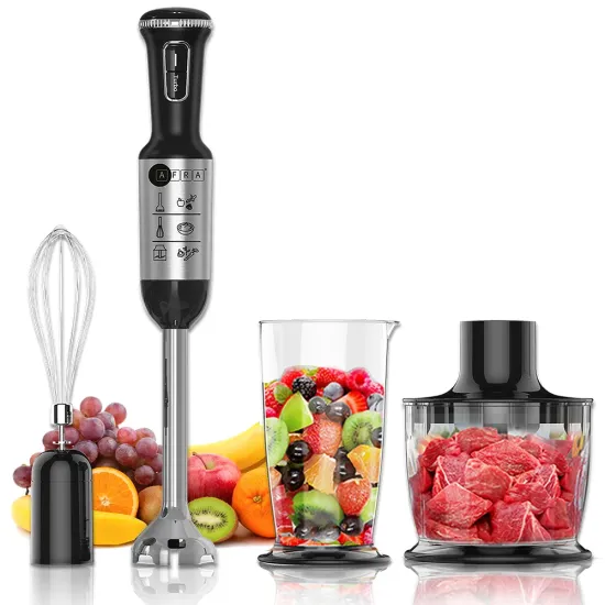 AFRA Hand Blender Set, 1200W (Powerful), 4 in 1, Stainless Steel, 2 Speed, Black & Silver, Chopper, Whisk, Mixing Cup,    And , AF-1240BLSSET, With 2 Years Warranty