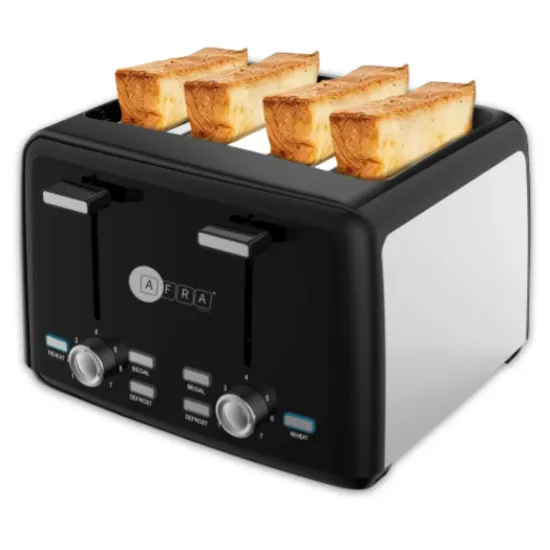 AFRA Electric Breakfast Toaster, 1600W, 4 Slots, Removable Crumb Tray, Matte Black Finish, Browning, Reheat, Defrost, AF-24700TOBL, 2 years warranty