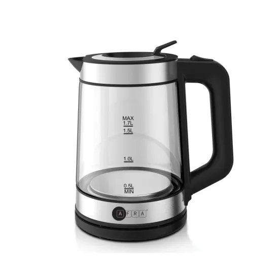 AFRA Electric Kettle, 1.7L Capacity, 2200W, Automatic Shut-off, Overheat Protection, Glass and Silver, AF-171850KTGS, 2 years warranty