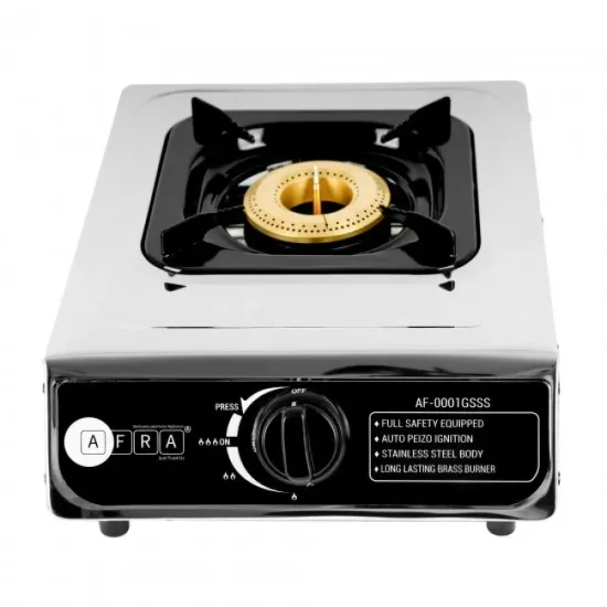 AFRA Single Burner Gas Stove, Compact Design, Cast Iron Burner, Enamel Pan Support, Stainless Steel Surface, G-MARK, ESMA, ROHS, and CB Certified, AF-0001GSSS 2 years warranty