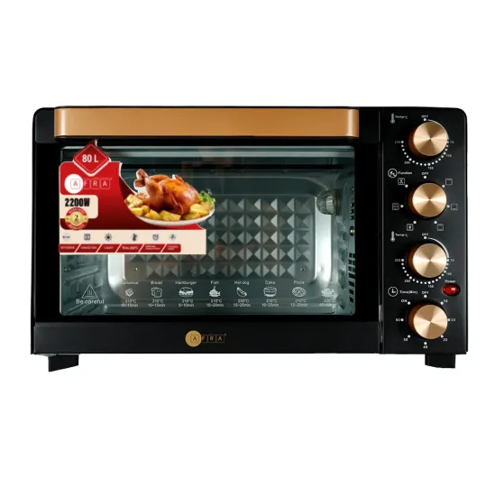 AFRA Electric Oven Toaster, 80L, 2200w Convection Rotisserie & Oven Lamp, 4 Knobs Tray, Rack, Handle, 7-Functions control, Adjustable Thermostat 70 to 250C, AF-8022OTBK, 2-Year Warranty