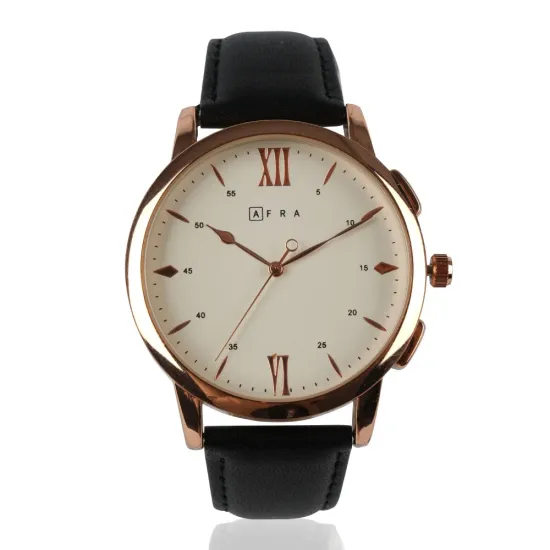 AFRA dazzler gents watch rose gold case white dial black leather, AF10301, 1-year warranty.