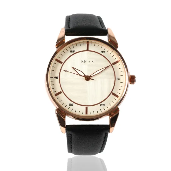 AFRA CONRAD GENTS WATCH ROSE GOLD CASE WHITE DIAL BLACK LEATHER