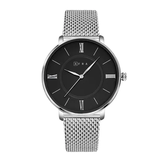 AFRA AMBROSE GENTS WATCH SILVER CASE BLACK DIAL SILVER MESH BRACELET