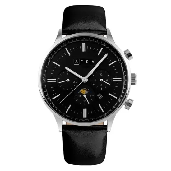 AFRA CRESCENT GENTS WATCH SILVER CASE BLACK DIAL BLACK LEATHER