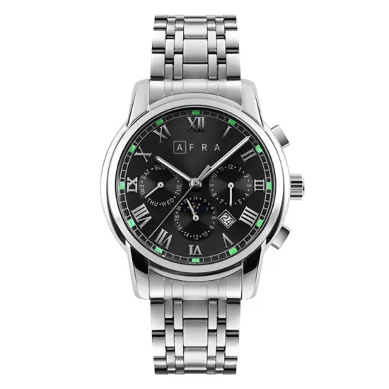 AFRA MOONSTONE GENTS WATCH SILVER CASE BLACK DIAL SILVER BRACELET
