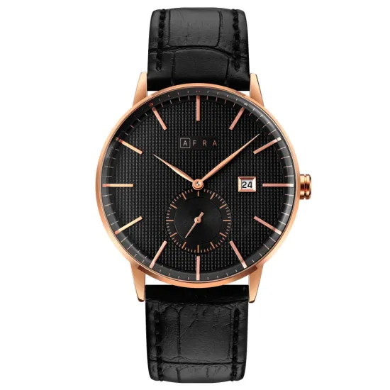 AFRA RADIUS GENTS WATCH ROSE GOLD CASE BLACK DIAL BLACK LEATHER