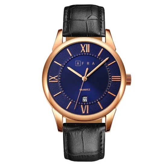 AFRA OBERON GENTS WATCH ROSE GOLD CASE BLUE DIAL BLACK LEATHER