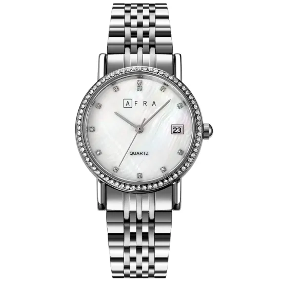 AFRA CALLA LADIES WATCH SILVER CASE WHITE MOP DIAL SILVER BRACELET