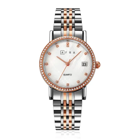 AFRA CALLA LADIES WATCH ROSE GOLD/SILVER CASE WHITE MOP DIAL SILVER/ROSEGOLD BRACELET