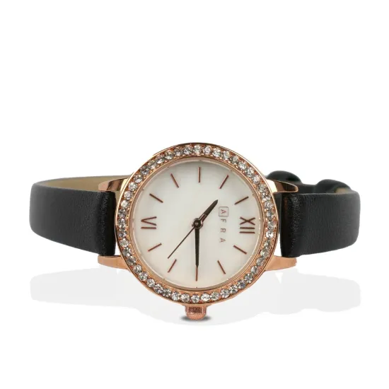 AFRA ORNATE LADIES WATCH ROSE GOLD CASE WHITE DIAL BROWN LEATHER