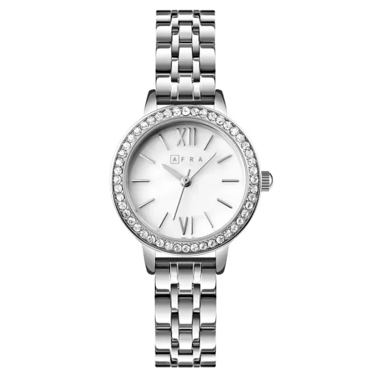 AFRA ORNATE LADIES WATCH SILVER CASE WHITE DIAL SILVER BRACELET