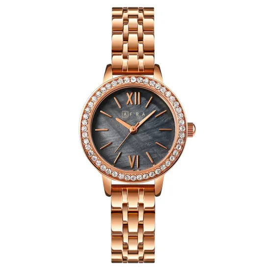 AFRA ORNATE LADIES WATCH ROSE GOLD CASE BLACK DIAL ROSEGOLD BRACELET