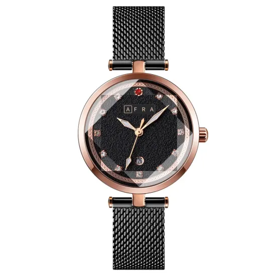 AFRA REGINA LADIES WATCH ROSE GOLD CASE BLACK DIAL BLACK MESH BRACELET