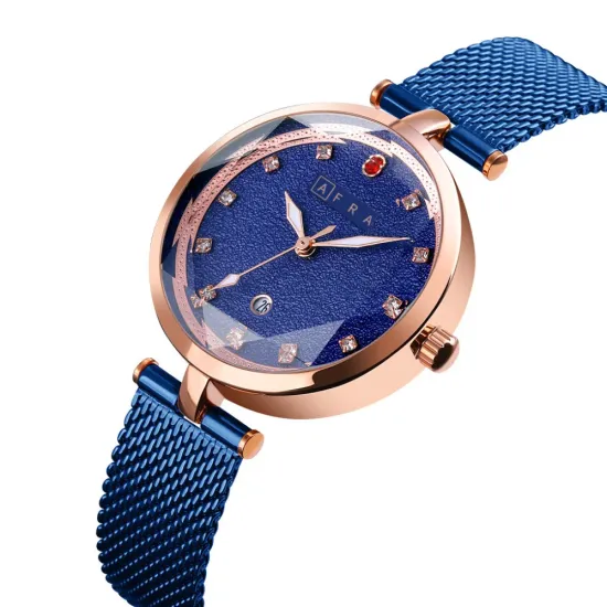 AFRA REGINA LADIES WATCH ROSE GOLD CASE BLUE DIAL BLUE MESH BRACELET