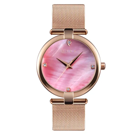 AFRA PEARLESCENT LADIES WATCH ROSE GOLD CASE PNK DIAL ROSEGOLD MESH BRACELET