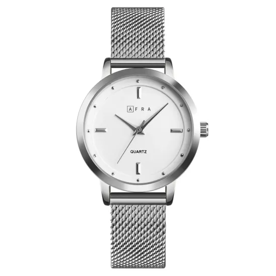 AFRA AVRIL LADIES WATCH SILVER CASE WHITE DIAL SILVER MESH BRACELET