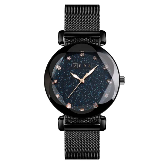 AFRA STELARA LADIES WATCH BLACK CASE BLUE DIAL BLACK MESH BRACELET