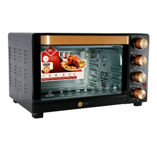 AFRA Electric Oven Toaster, 30L, 1500w Convection Rotisserie & Oven Lamp, 4 Knobs Tray, Rack, Handle, 7-Functions control, Adjustable Thermostat 70 to 250C, AF-3015OTBK, 2-Year Warranty - Image 2