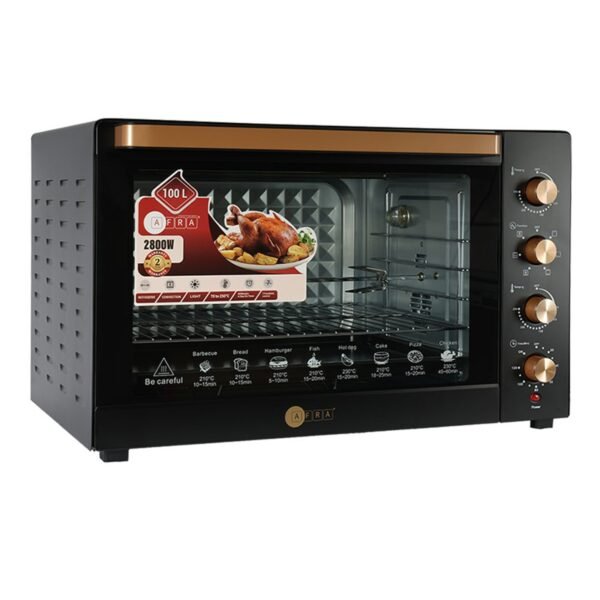 AFRA Electric Oven Toaster, 100L, 2800w Convection Rotisserie & Oven Lamp, 4 Knobs Tray, Rack, Handle, 7-Functions control, Adjustable Thermostat 70 to 250C, AF-1028OTBK, 2-Year Warranty - Image 2