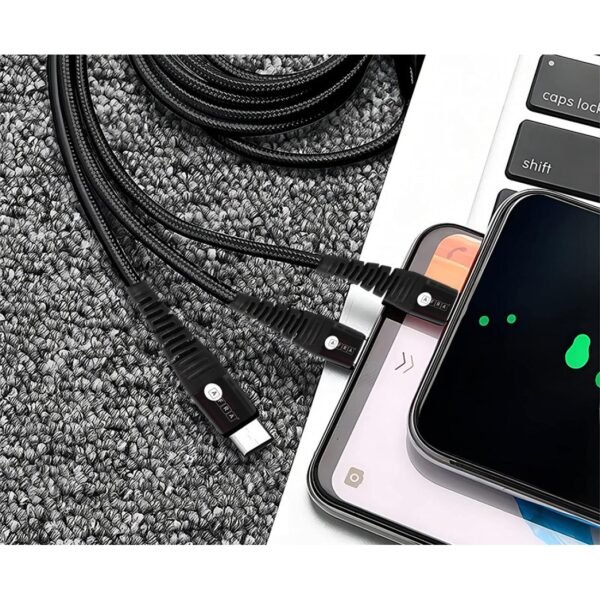 AFRA USB Charging Cable, 2.4A, Nylon-Braided Jacket, With Data Transmission, USB A to Micro-USB + Type C + iPhone connector, 1.2-meter length, Durable, Tangle Free - Image 2
