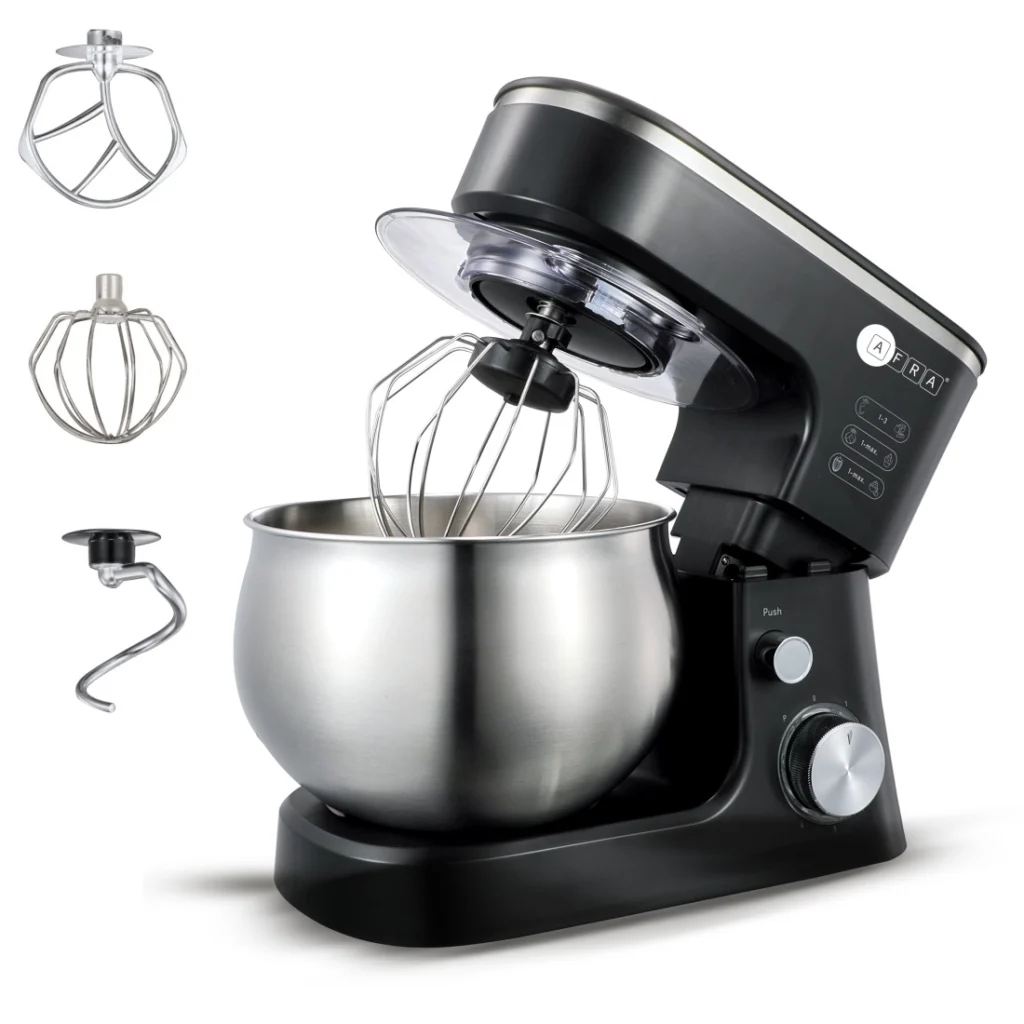 AFRA Stand Mixer 1200W 5L Bowl with metal gears, non-slip feet, and a stainless steel bowl. Ideal for dough, cake batter, and more