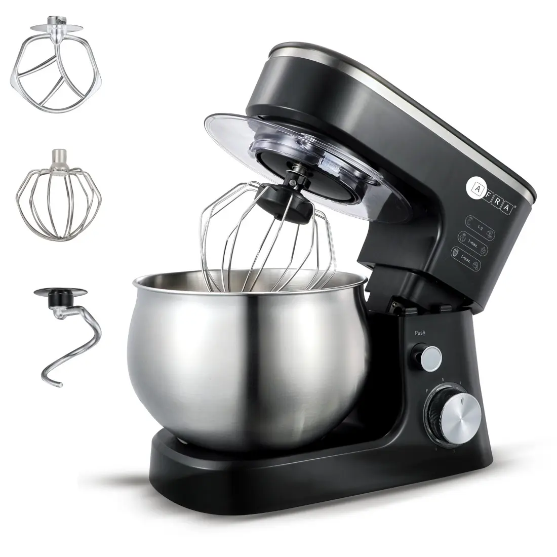 AFRA Stand Mixer 1200W 5L Bowl with metal gears, non-slip feet, and a stainless steel bowl. Ideal for dough, cake batter, and more