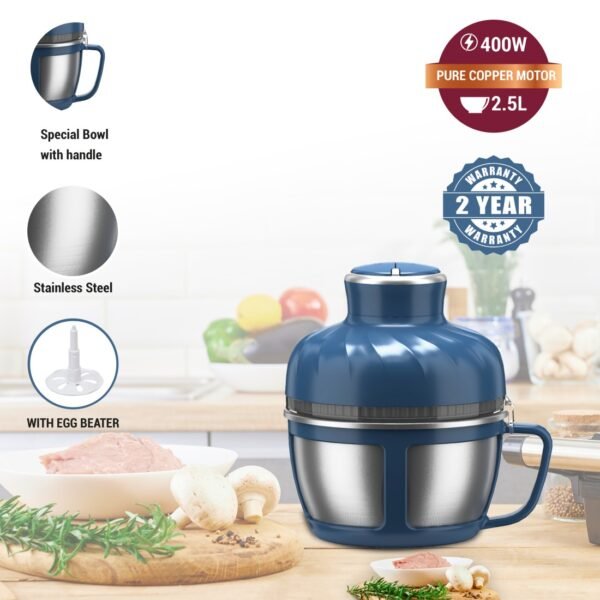 AFRA Stainless Steel Chopper, 400W, 2 Adjustable Speed, Stainless Steel Bowl W/Handle - 5425 Copper Motor, 2.5l Jar Capacity, AF-425CHSS, 2 Year Warranty - Image 5
