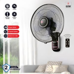 AFRA Wall Mount Fan, 16 Inch, 60w, 5.5m3/min Flow Rate, 90? Oscillation, RPM 1250 with Remote 3 Speed Controller, Black & Rose Gold, AF-1612WFBG, 2 Year Warranty