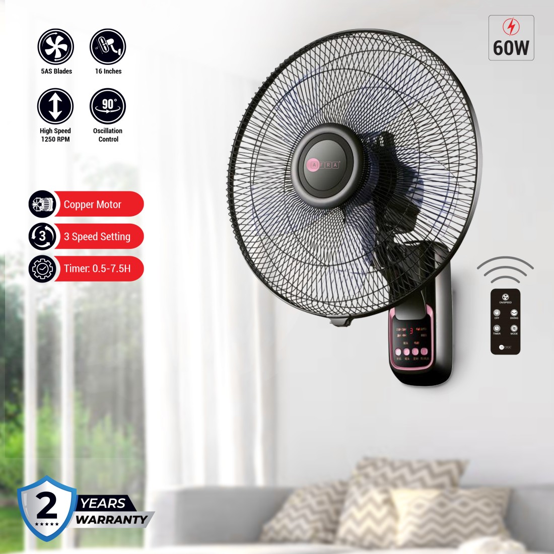 AFRA Wall Mount Fan, 16 Inch, 60w, 5.5m3/min Flow Rate, 90? Oscillation, RPM 1250 with Remote 3 Speed Controller, Black & Rose Gold, AF-1612WFBG, 2 Year Warranty