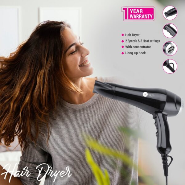 AFRA Hair Dryer With 2 Speed & 3 Heat Seating With Removable End Cap & Easy Clean, 2300w, Cool Shot Function With Concentrator, AF-2309HDBK, 1 Year Warranty - Image 2