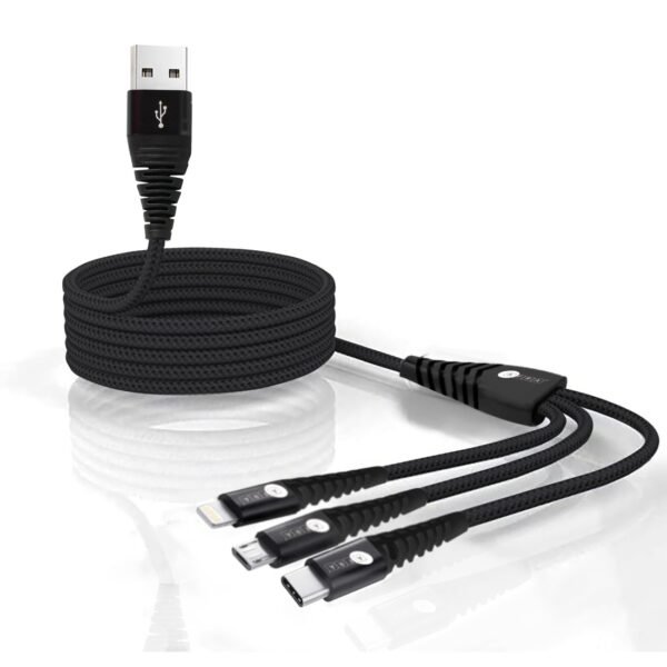 AFRA USB Charging Cable, 2.4A, Nylon-Braided Jacket, With Data Transmission, USB A to Micro-USB + Type C + iPhone connector, 1.2-meter length, Durable, Tangle Free - Image 4
