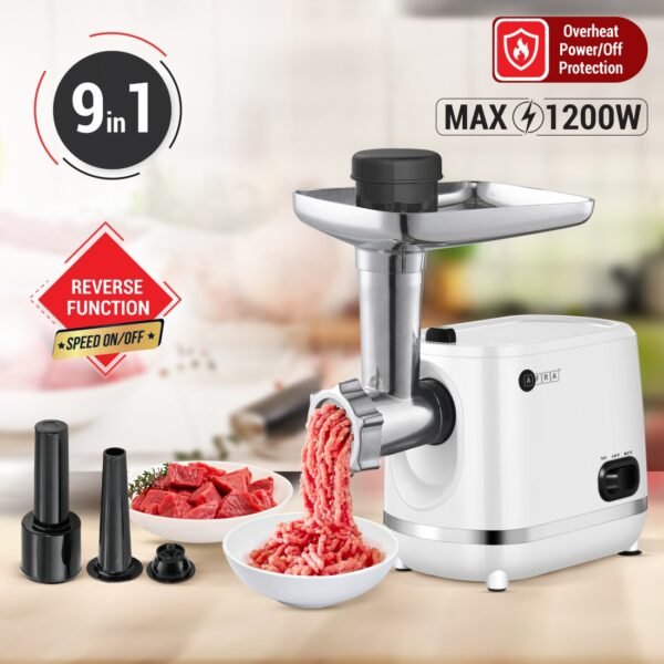 AFRA Meat Grinder, 1200w, 3 Cutting Discs, Aluminum Construction, Stainless Steel Cross Knife, food storage pusher, kibbeh & sausage attachment, AF-1200MGWT, 2 Year Warranty - Image 6