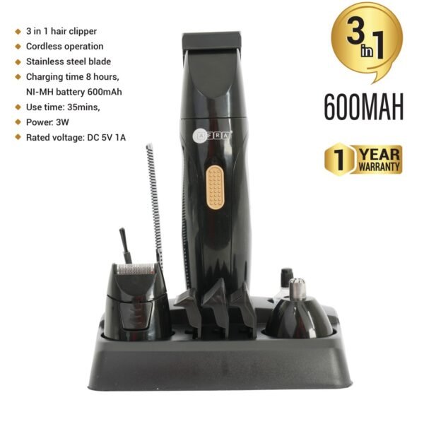 AFRA Personal 3 In 1 Hair Clipper, Grooming Kit, LED Display, 600mah NI-MH Battery, IPXO Rating, 35mins Discharging Time, AF-0003HTBK, 1 Year Warranty. - Image 2