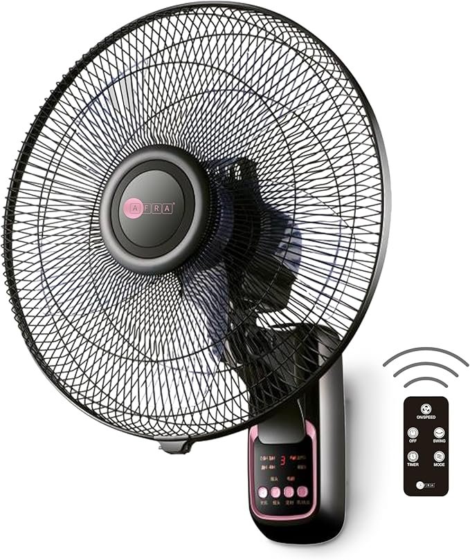 AFRA Wall Mount Fan, 16 Inch, 60w, 5.5m3/min Flow Rate, 90° Oscillation, RPM 1250 with Remote 3 Speed Controller, Black & Rose Gold, AF-1612WFBG, 2 Year Warranty
