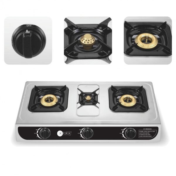 AFRA Three Burner Gas Stove, Auto Ignition, Full safety, Stainless Steel, Double Injection, G-MARK, ESMA, ROHS, and CB Certified, AF-0003GSSS, 2 years warranty - Image 4