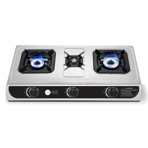 AFRA Three Burner Gas Stove, Auto Ignition, Full safety, Stainless Steel, Double Injection, G-MARK, ESMA, ROHS, and CB Certified, AF-0003GSSS, 2 years warranty - Image 2