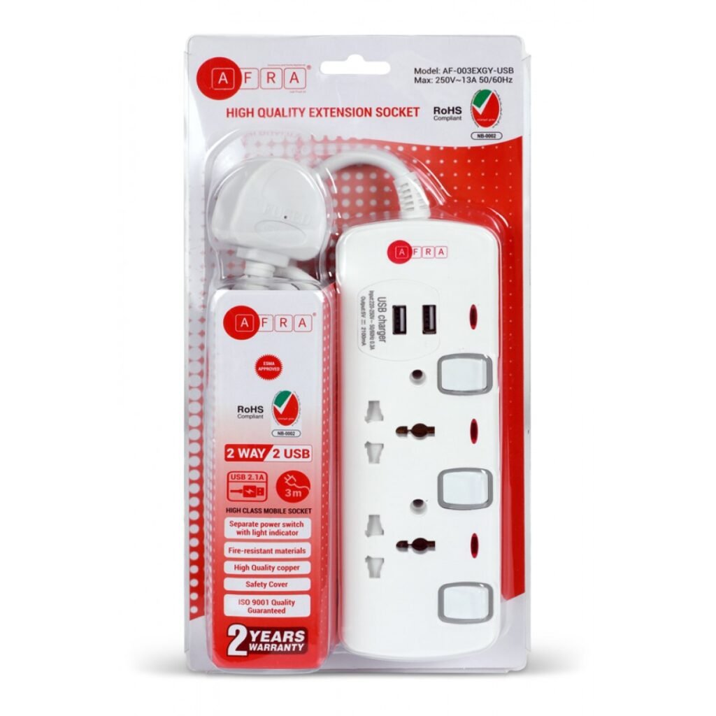 AFRA Extension Cord AF-003EXGY-USB – 2-Way, 2 USB Ports, 3M Cable, 250V, Shock-Proof, 2-Year Warranty