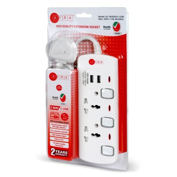 AFRA Universal Extension Cord, 2Way 2USB 3M, 2 Universal Sockets, 2 USB Ports, 3 Meter Cable, Plastic Housing, 250V AF-003EXGY-USB, 2 Years Warranty - Image 5