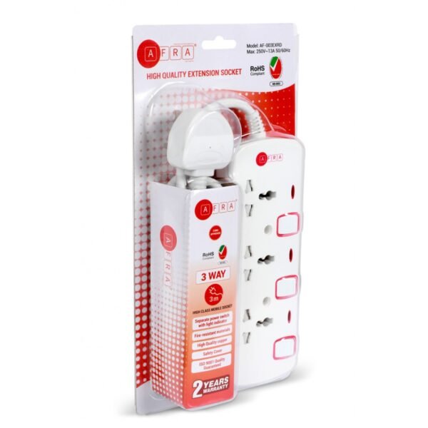 AFRA Japan Universal Extension Cord, 3 Way 3M, 3 Universal Sockets, 3 Meter Cable, Easy Set-Up & Storage, Shock proof, 250V, ESMA, ROHS, and CB Certified with 2 Years Warranty - Image 5