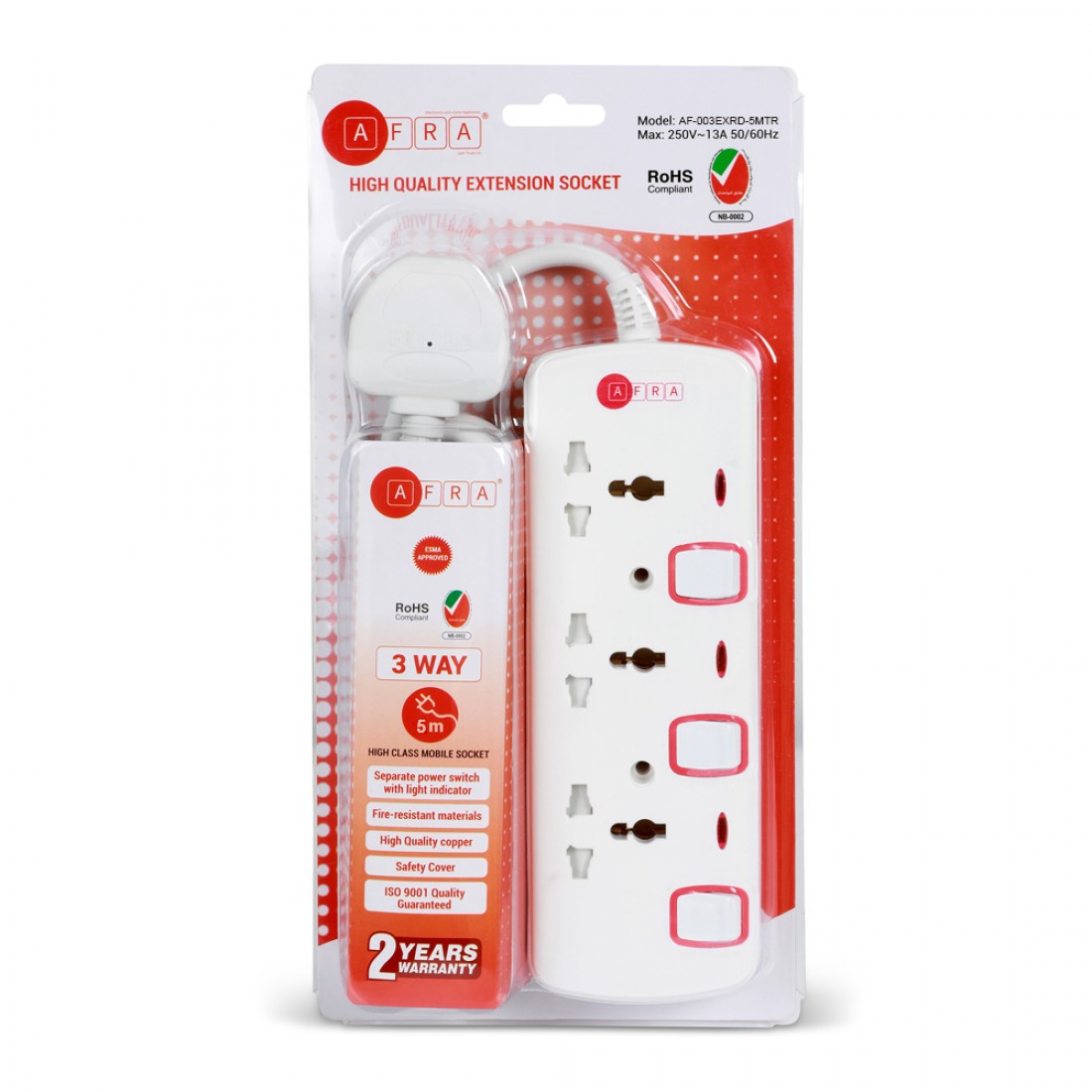 AFRA Extension Cord 5m, 3Way, 3 Universal Sockets, 5 Meter Cable, Easy Set-Up & Storage, Shockproof, 250V with 2 years warranty
