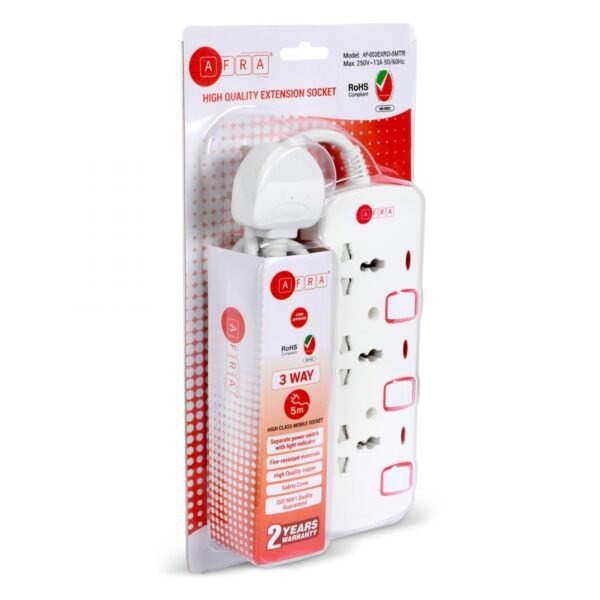 AFRA Extension Cord 5m, 3Way, 3 Universal Sockets, 5 Meter Cable, Easy Set-Up & Storage, Shockproof, 250V with 2 years warranty - Image 5