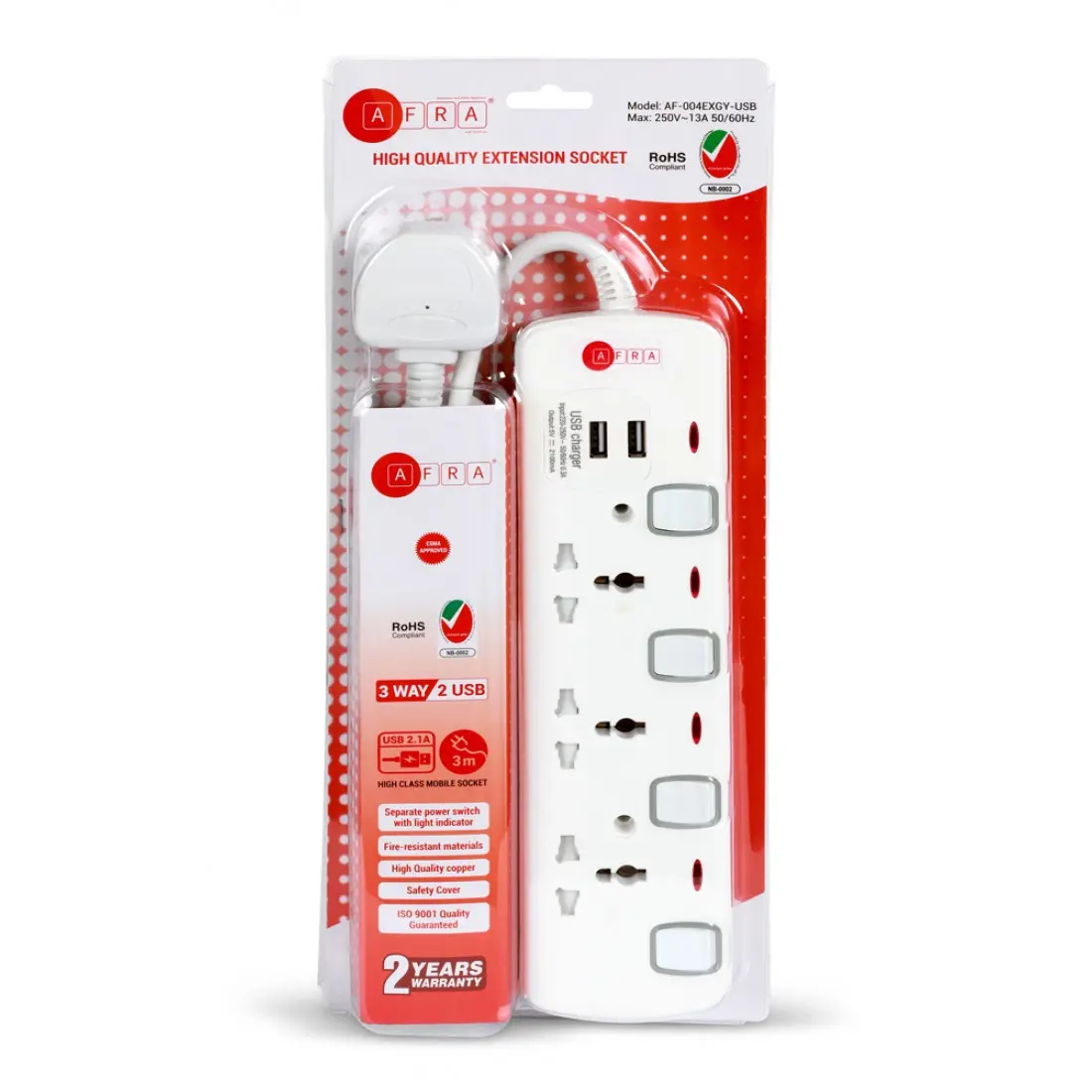 AFRA Extension Cord AF-004EXGY-USB – 3M, 2 USB Ports, Shock Proof, 250V, Plastic Housing, 2-Year Warranty