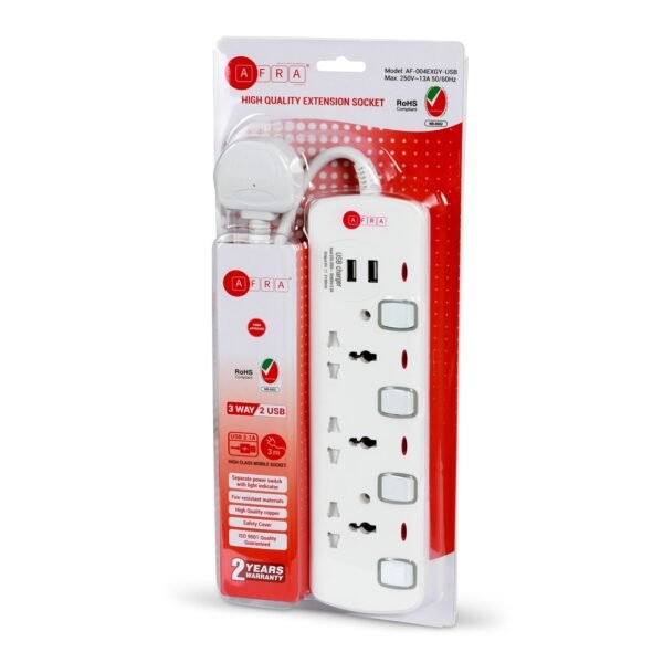 AFRA Extension Cord 3m, 2USB 3M, Plastic Housing, Shock proof, 250V, AF-004EXGY-USB with 2 Years Warranty, - Image 5
