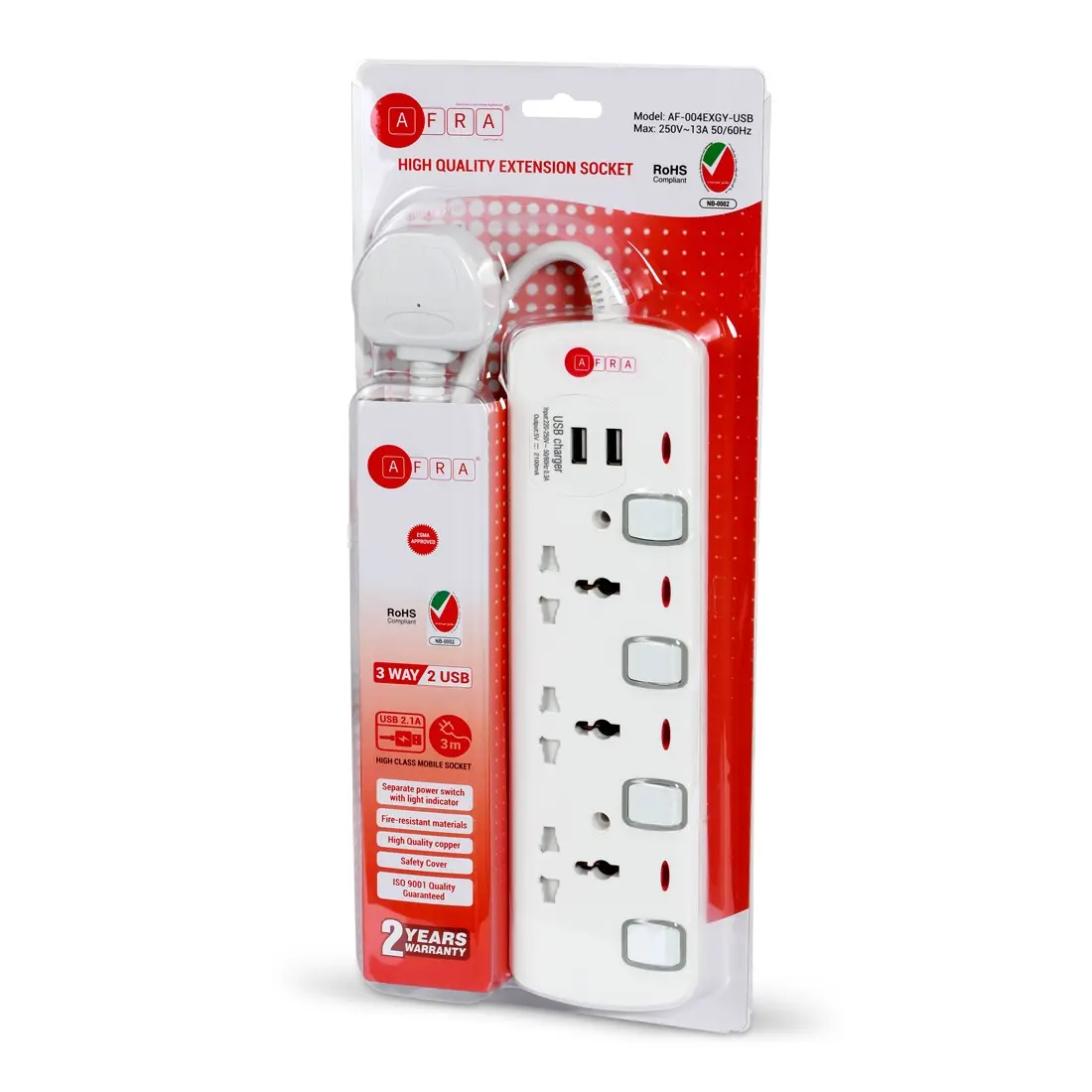 AFRA Extension Cord AF-004EXGY-USB – 3M, 2 USB Ports, Shock Proof, 250V, Plastic Housing, 2-Year Warranty - Image 5
