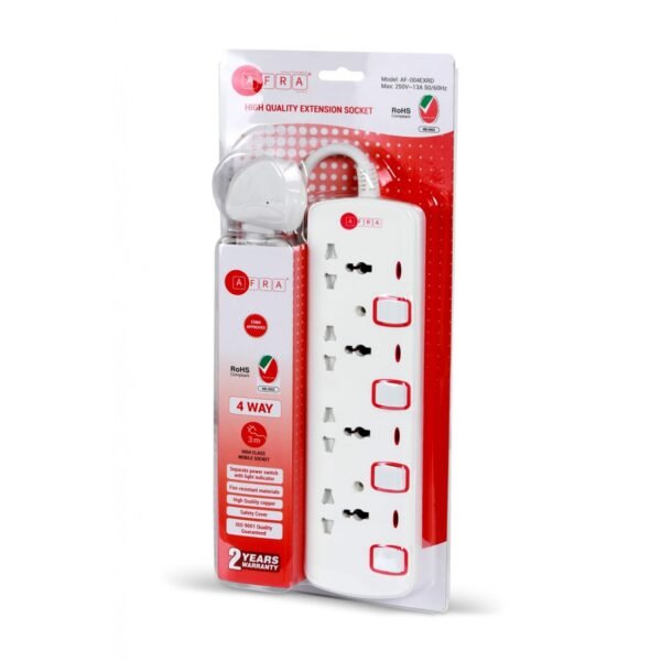 AFRA Japan Universal Extension Cord, 4 Way 3M, 4 Universal Sockets, 3 Meter Cable, Shock proof, 250V, ESMA, ROHS, and CB Certified with 2 Years Warranty - Image 4