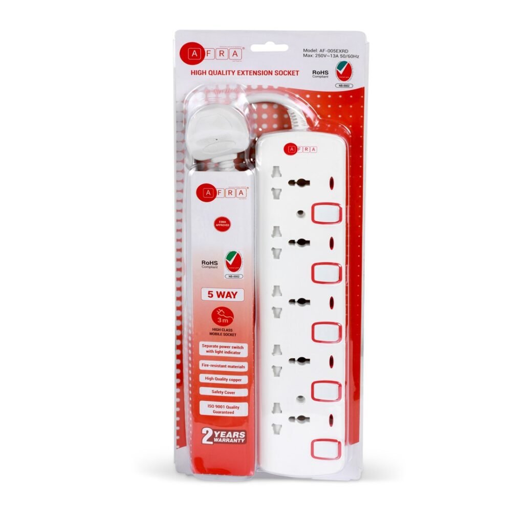 AFRA Extension Cord AF-005EXRD – 3M Cable, 5-Way Universal Sockets, 250V, Shockproof, Easy Setup