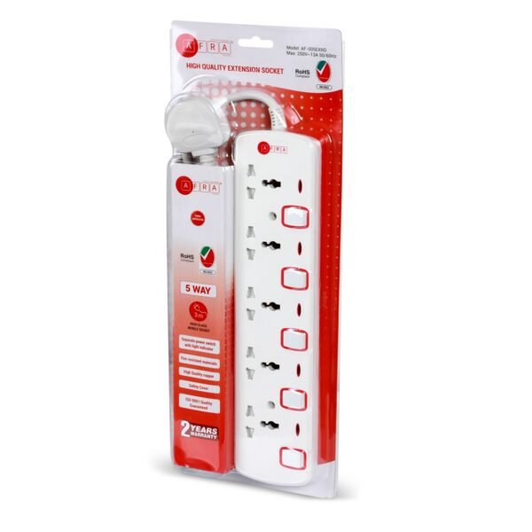 AFRA Extension Cord 3m, 5Way, 5 Universal Sockets, 3 Meter Cable, Easy Set-Up & Storage, Shockproof, 250V, AF-005EXRD, with 2 Years warranty - Image 6