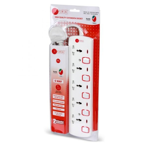 AFRA Extension Cord 5m, 5Way, 5 Universal Sockets, 5 Meter Cable, Easy Set-Up & Storage, Shockproof, 250V, AF-005EXRD-5MT, with 2 Years warranty - Image 5